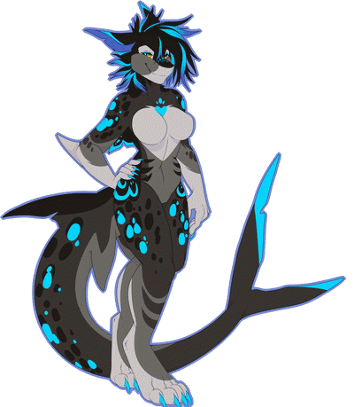 Picture of my fursona (black, gray and blue female shark)